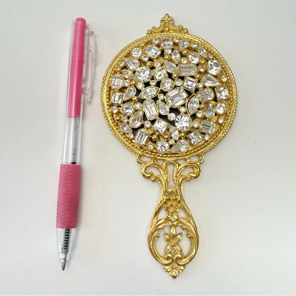 Kirks Folly Clear Rhinestone Crystal Jeweled Golden Small Vanity Hand Mirror